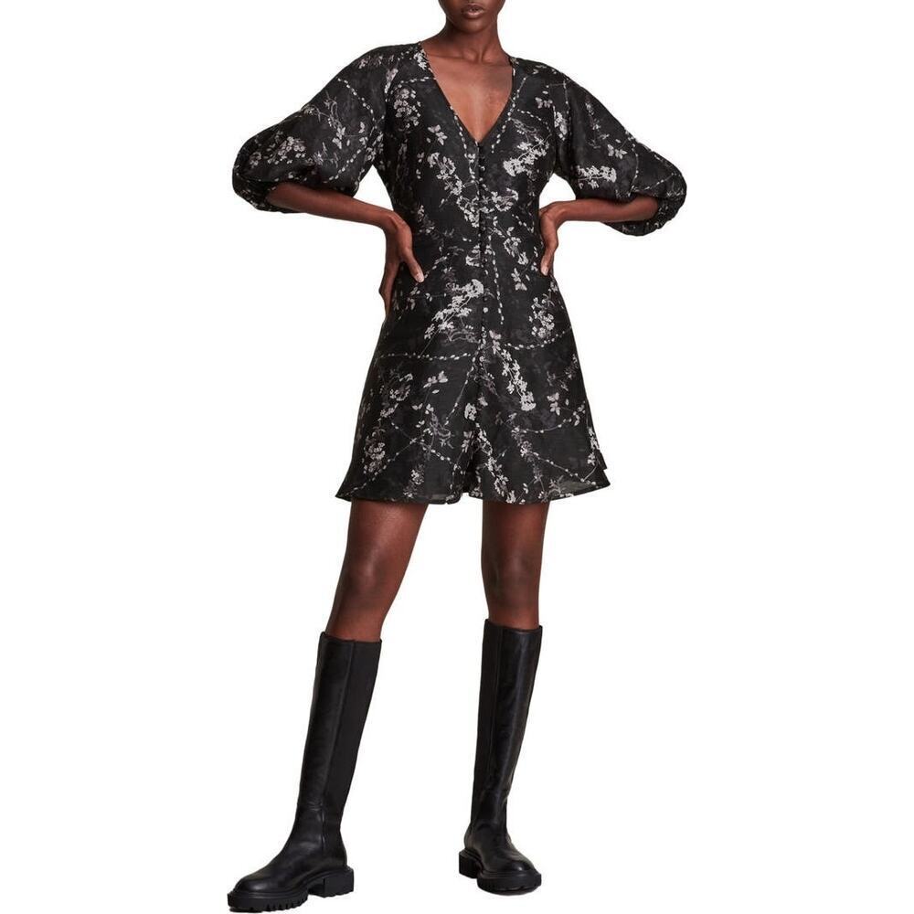 AllSaints Ilora Freya Black Floral Puff Sleeve Linen Silk Blend Mini Dress 2